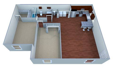 Floor plan for 2 beds, 1 bath, 889 sqft